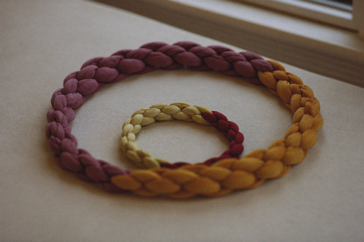 Design cosmique : trois cordons prune, ocre et crème tressés sur une nappe en lin